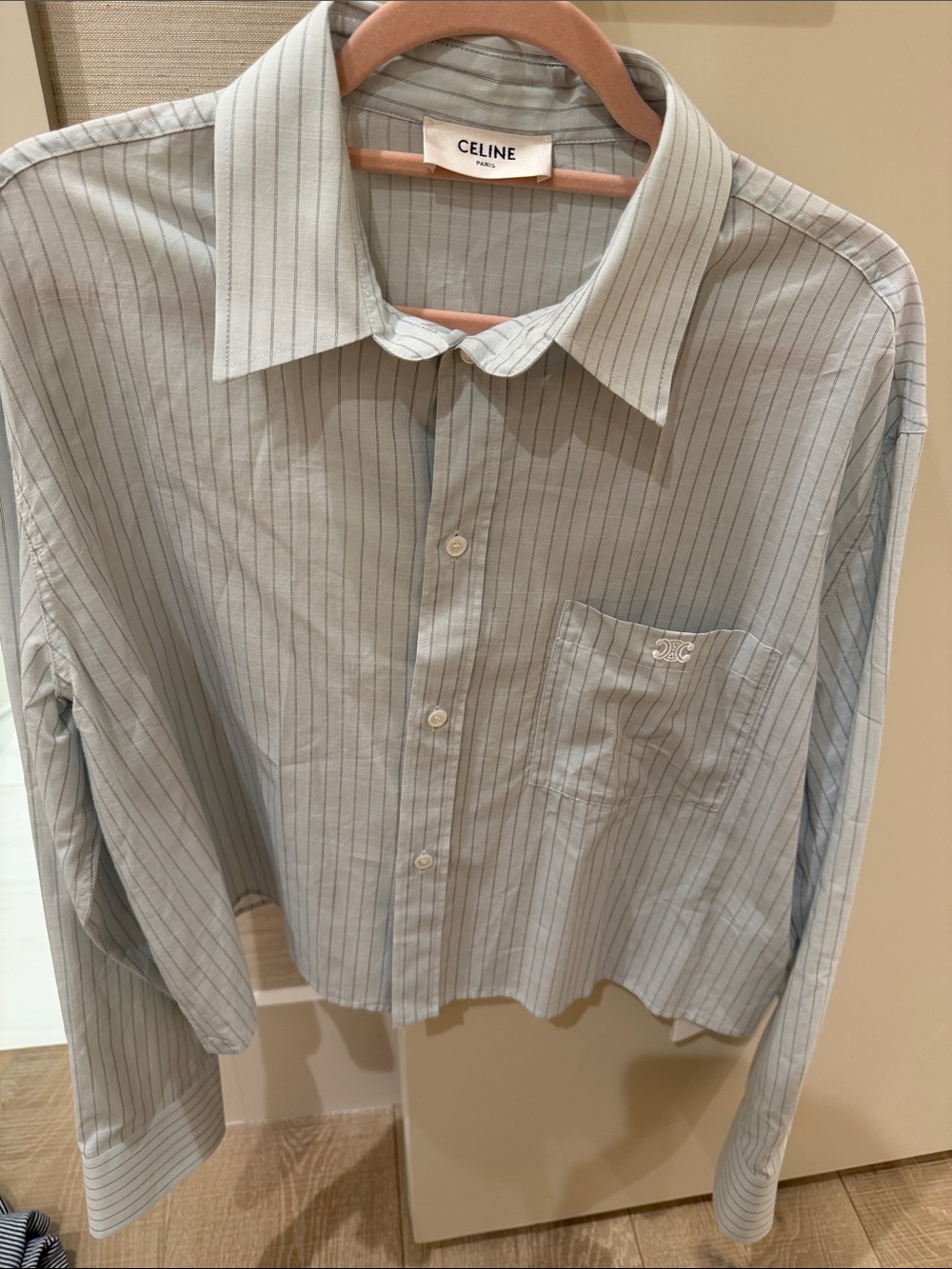 CELINE cropped Blue Pinstripe Shirt